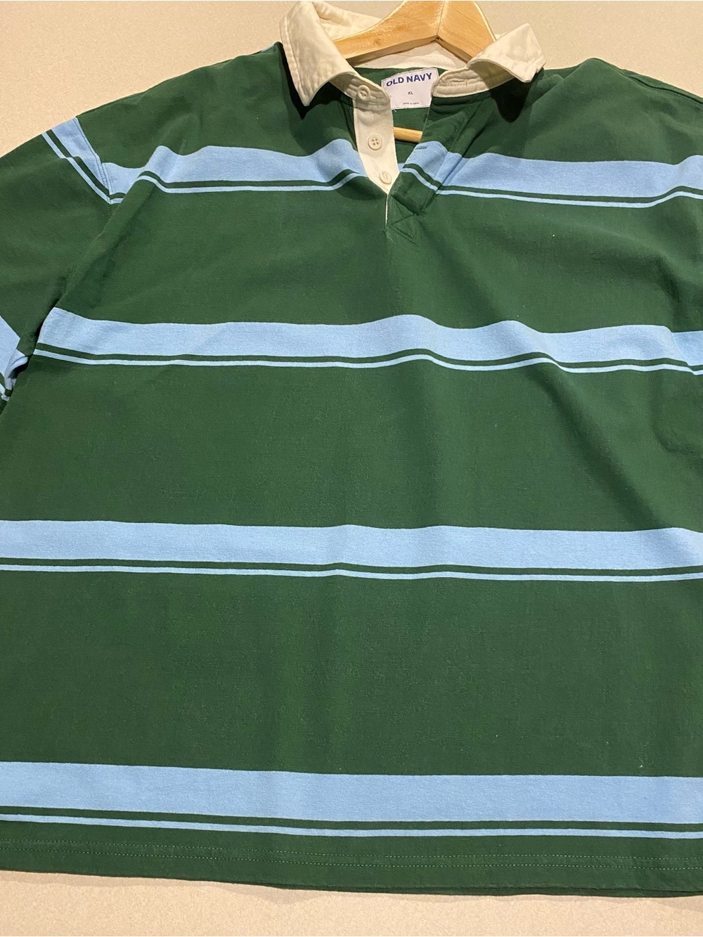 Old Navy Green and Light Blue Striped Rugby Polo